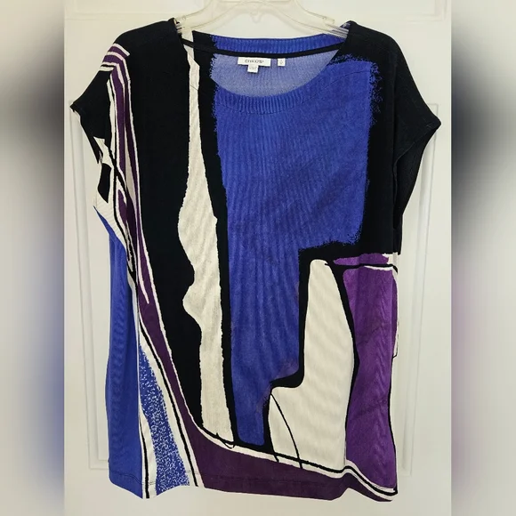 CHICO'S Size 3 Abstract Print Knit Blouse Acetate/Spandex Colorful Tunic - Picture 2 of 8